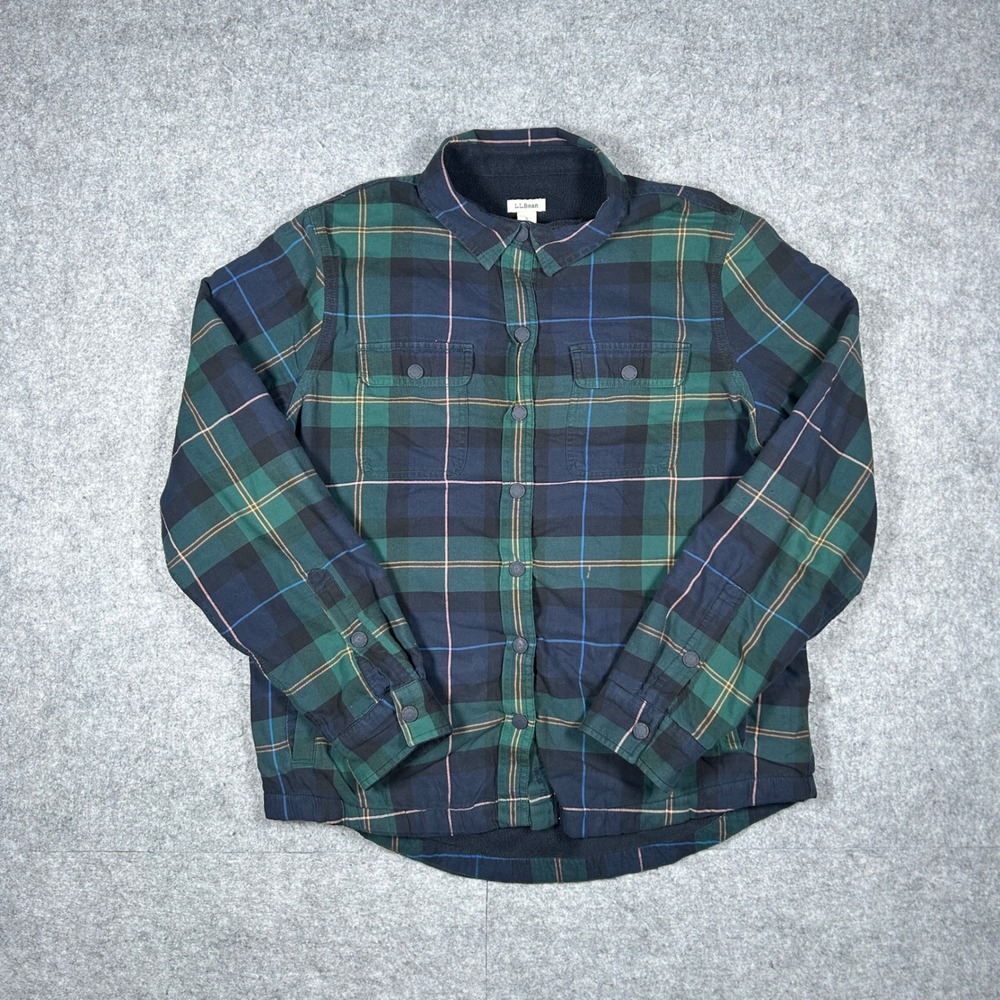 L.L.Bean Flannel Shirt Jacket‎ Mens Small Green Plaid Fleece Lined Shacket